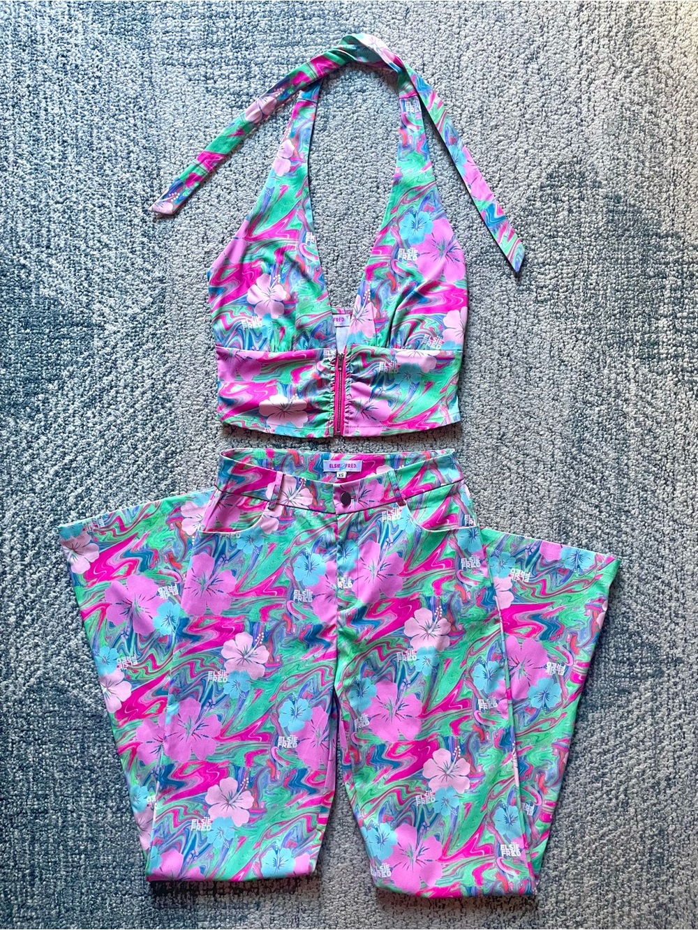 ELSIE & FRED Floral Swirl Co-Ord Set Halter Top Flare Pants Hot Pink Mint Green